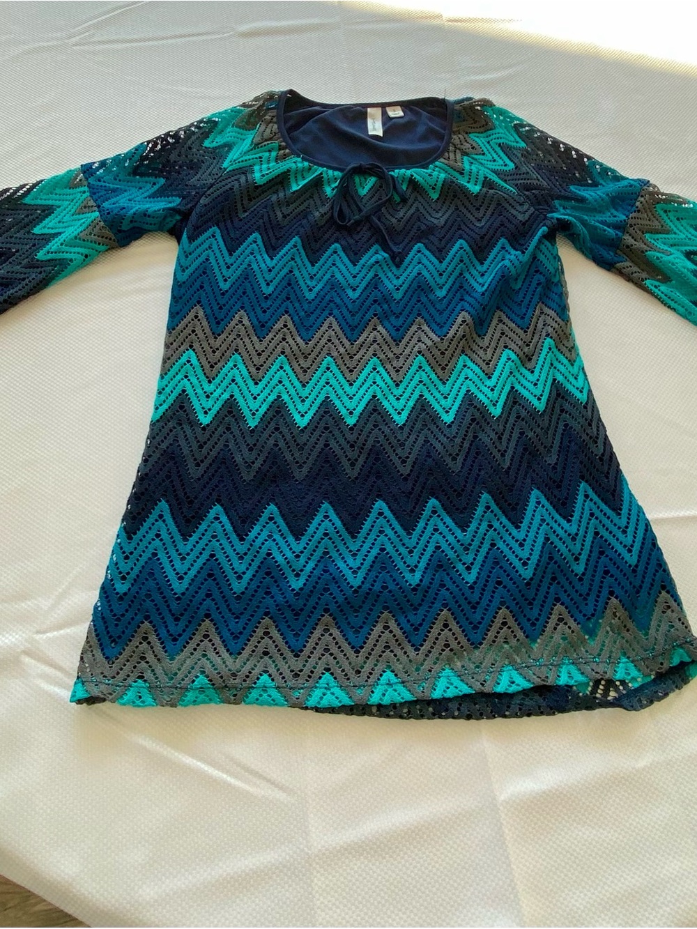 Tacera Teal Navy Chevron Knit Long Sleeve Blouse size Small